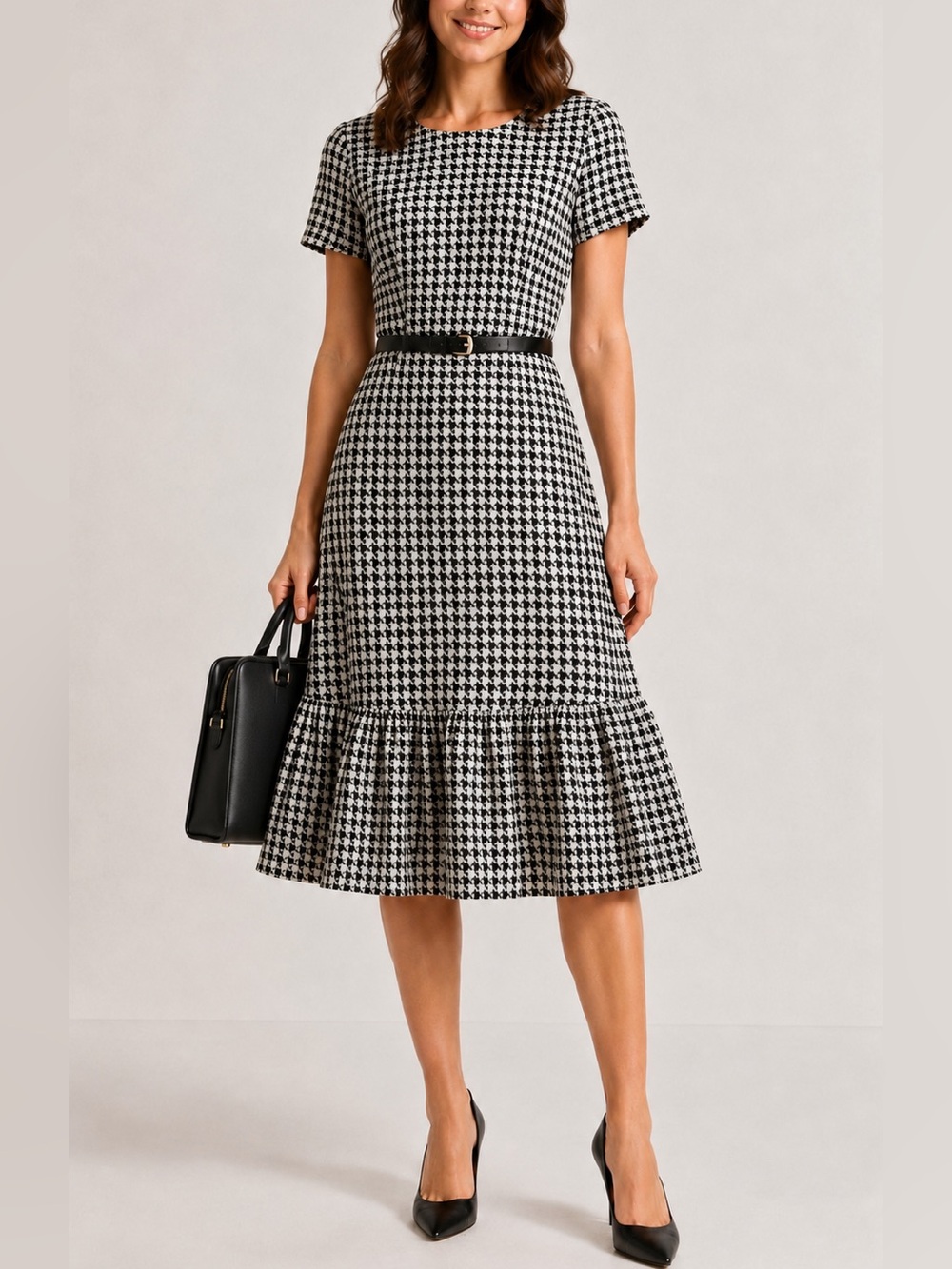 NWT Elizabeth & Nicole Houndstooth Ruffle Midi Dress Size Small